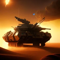 volumetric dramatic desert Battle scene with futuristic hovering military armored Hovercraft tank painted by chris foss, floating, 4k, 8k, Minutiae, highly detailed, rivets, pennant, hovering, stripes, sunset [duststorm, nimbus clouds]