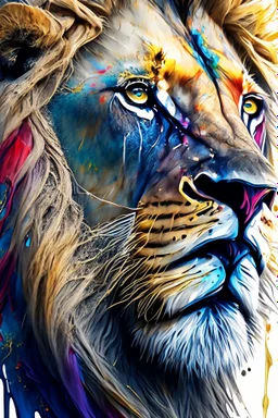 "lion", clean design, epic Instagram, art station, splash of colorful paint, contour, ((solid white background)), closeup, looking into camera, hyperdetailed intricately detailed, unreal engine, fantastical, cinema lighting, intricate detail, splash screen, complementary colors, fantasy concept art, 8k resolution, DeviantArt masterpiece, watercolor, paint dripping