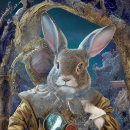 fantasy magic, sharp focus, illustration, highly detailed, digital painting, concept art, art germ and Paul Lewin and Kehinde Wiley, masterpiece silver solo rabbit, dark blue aye