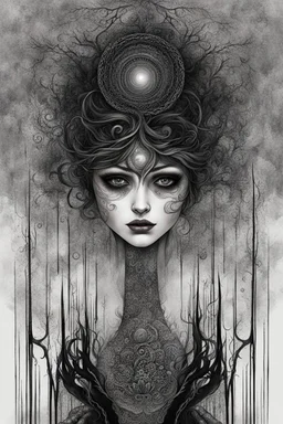 mystical weird creature crepy female from fog with dark shiny eyes looking at you, mystic dark matter, dark evil energy, Fibonacci sequence, dark shadows, black, grey colors, etheral, mist, ezoteric, mystic dark sky, surreal, sensitive, masterpiecesinister, dark fantasy, space between the living and the dead, creepy surreal mood, inks, splash art, intricately detailed, smoke, crepy stunning