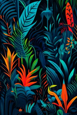 Create a simplistic image with a dark jungle theme. Utilize dark blue, neon orange, electric lime, deep purple, and tropical turquoise to depict abstract flora and fauna in a vibrant and energetic style. The image should exude a sense of wild and colorful chaos."
