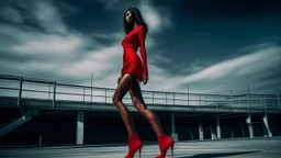 A surreal and striking image features a woman's legs in a red mini dress and red high heels, standing on a concrete pier. The woman appears to be in her early 30s, with dark skin and toned legs. The dress is short and form-fitting, with a lace-up detail at the side. The high heels are a glossy red, adding a pop of color. Instead of a person, each of the white plastic lounge chairs has a fish lying on it. The fish are brown with spots, appearing freshly caught. The chairs are lined up neatly, wi