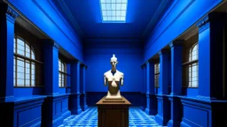 Sala arquitectónica abierta hacia un horizonte industrial donde chimeneas y torres se recortan contra un cielo azul profundo, un busto clásico colocado sobre un bloque cúbico observa a un maniquí inmóvil, composición de volúmenes geométricos y perspectiva exagerada con iluminación teatral