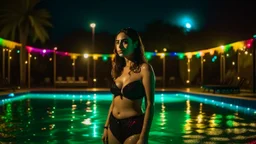 A Hispanic woman in a black swimsuit standing by a pool at night, with colorful lights illuminating the water