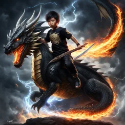 Fhoto full body, reality, Raw, little boy Asian riding a dragon, cyborg, warrior, super magic storm and fire, mortal combat, light eye, very angry, digital art, sword, intricate details, powerful composition, captivating, wearing a black t-shirt, there is the word "Sulthan" on the t-shirt, artstation, sharp focus, studio photo, intricate details, highly detailed, by addiedigi