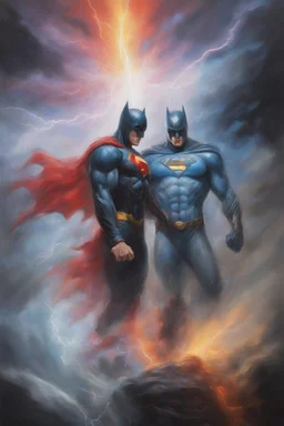 for our love we must die, The Flash and Batman and Superman, oil on canvas, extremely colorful, foggy in the foreground, multicolored lightning and outer space in the background, in the art style of Gilbert Stuart