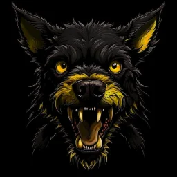 an angry scruffy black terrier on black background, yellow eyes, defined teeth, 30% lighter, illustration