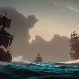 two pirate ships fighting each other at sea. They fire cannons at each other and one ship is hit and burns.