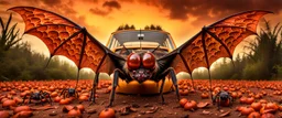 A national geographic award skin color patterned like a poisinous incect or reptile, horrorcore, science gone crazy, winning photograph of of a bat spider housefly station wagon hybrid in nature and on the hunt, 64k, reds, oranges, and yellows anatomically correct, 3d, organic surrealism, dystopian, photorealisitc, realtime, symmetrical, clean, 4 small compound eyes around two larger compound eyes, surrealism telephoto , biomechanical ynamic lighting 64 megapixels Unreal Engine volumetric lighti