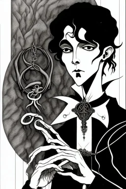 black haired young man necromancer wizard with gothic jewelry and tentacle fingers in the style of Aubrey Beardsley