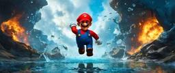photorealistic super mario running at the observer detailing the creatures found on other worlds, retrofuturistic, phototrealism, Macabre Rapture End of days Revelation scene, isanely detailed matte oil painting, sinner apotheosis,diagonal composition, unbalanced, abstract surreal horror, eerie, scary warm a colorful splash of steampunk bubbles , amazing splashscreen artwork, photoshop water art, liquid painting, swirling paint colors, ink splash,