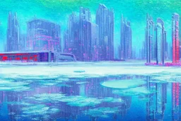 Futuristic cyberpunk building foreground, frozen lake, impressionism painting