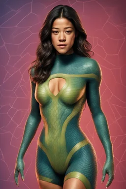 Gina Rodriguez fully transformed into an reptilian female, Keywords: Reptilian alien, radiant scales, multiple evenly spaced breasts. Measurements: Four sets of breasts - 38 inches each, Waist - 26 inches, Hips - 40 inches. Limbs: Four graceful arms, embodying cosmic power. Gina's otherworldly essence captured with enhanced curves, an alluring blend of reptilian beauty, transcending Earthly limitations.