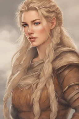 A drawing of beautiful woman with blond hair, viking braids Brown leather armor.