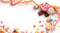 A beautiful image with a white, orange, and pale blue background theme, filled with chocolate, lollipops, and various colored pastels and candies on the left side of the image.