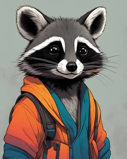 Young male raccon, cartoon, black line drawing, Beautiful colors, pencil sketches, Vector illustration, Cel shaded, Flat, 2D, style of dan matutina, In the style of studio ghibli, Art by Hiroshi Saitō, bold lines, Bold the drawing lines, Amazing details, One character