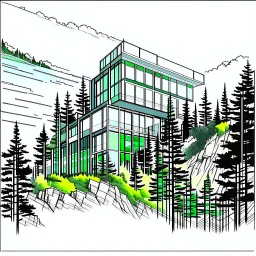 Architectural drawing of spectacular views of a modern house suspended on the side of a mountain, using light and resistant materials. Hyper detailed, ultra quality. green trees