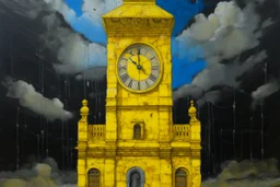 A yellow clock tower made out of gel in a thunderstorm designed in Mayan architecture painted by Lucas van Leyden