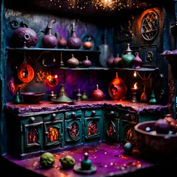 Detailed creepy haunted kitchen made of modeling clay, naïve, Tim Burton, strong texture, extreme detail, Max Ernst, decal, rich moody colors, sparkles, bokeh, odd