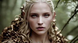 photoreal extreme close-up of a thirty-year-old gorgeous Guardian high priestess of the Eladrin with leather skin with mystical eyes looking like gina carano wearing green and orange garments in an enchanted golden forest at dawn by lee jeffries, otherworldly creature, in the style of fantasy movies, photorealistic, shot on Hasselblad h6d-400c, zeiss prime lens, bokeh like f/0.8, tilt-shift lens 8k, high detail, smooth render, unreal engine 5, cinema 4d, HDR, dust effect, vivid colors