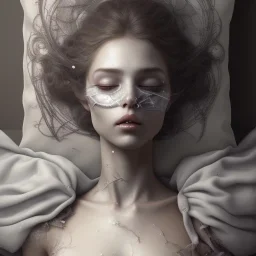 beautiful dead woman asleep on satin pillow with spiderwebs on face, 8k, high-quality, fine-detail, intricate, sharp, crisp, digital art, detailed matte, illustration, octane render, brian froud, howard lyon, Anne Dittman, Anne Stokes, Lisa Parker, Selina French