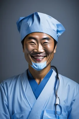 asian surgeon portrait smiling, scalpel pose