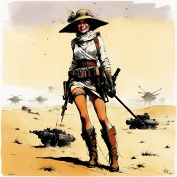 [art by Ralph Steadman] she smiles, ready to fight, in dust, rust and blood, her body is covered with cartridge belts, her boots are made for walking on the dunes of Tatooine