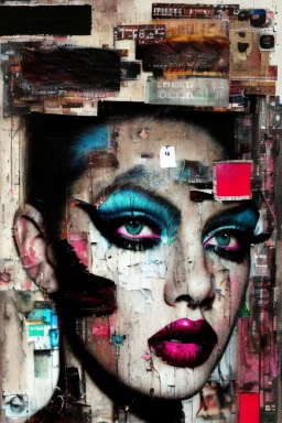 Ultra detailed medium portrait painting of a beautiful but abused woman, mascara are smeared from crying, chaos dark background,torn up collage of photo clippings, broken circuitry background, matrix effects, punk visual art, punk art aesthetic, graffiti art, pop surrealism, collage art, cluttered paint glitches