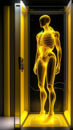 Sleeper in tube cabinet made of glass filled to the top with honey coloured liquid , in a laboratory inside it a half alien and a half human creature body standing vertically inside , connected with wires and electrical wires , the human standing in side, a high tech equipment in the background ,4K, cinematic, high resolution