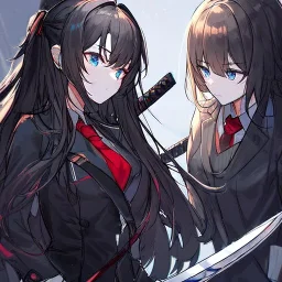 Clear focus, High resolution, long black fluffy hair, blue eyes, wearing a black sailor uniform, red tie, yandere, rough line sketch, dark aura, holding a katana