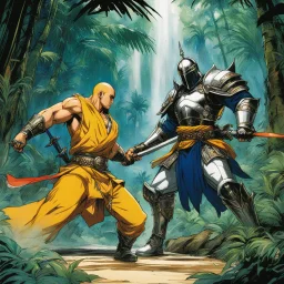 (in the style of Orion, by Masamune Shirow) a gangsta monk fight against a paladin knight in the jungle