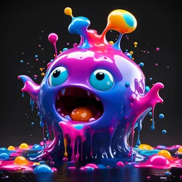 Pixar 3D animation style, ((A cute adorable melting monster character)), whimsical character, fluid form, (Pop Surrealism); jelly-like, amorphous, shape shifter, 3D animated character, playful colour splatter, ((black background)), depicted in the style of Marc Quinn and max Ernst, photorealistic CG,covered in gooey syrup and a bubblegum blue goop, thick and glossy, topped with lots of rainbow sprinkles,, zbrush render, 8k,ray tracing, subsurface scattering