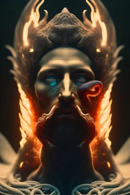 portrait photography of an ethereal beautiful animal god, Fire theme art, Dark moody night atmosphere, Portrait of a man by Michelangelo, 8K, close-up face, anatomically perfect face, oak tree roots, ignore NSFW