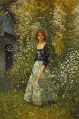 Night, vegetations, flowers, one woman, distant house, mistery, gothic horror films influence, gustave caillebotte, and gustave moreau paintings