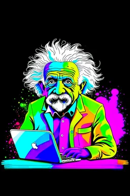 albert einstein in with laptop vivid colors