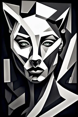 portrait of a women-panter mutant in Cubism matte monocrome color , amorphe dark-white shapes and shadows in backgroundhigh contrast, detailed, dark , noir, thriller, deep dark colors, gloomy, cinematic