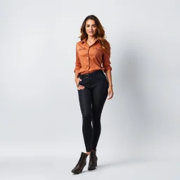 A full-body shot of a beautiful lady wearing shirt and tight pant with boots ,curvy hair