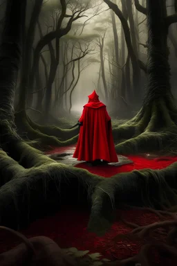 главный герой Данте в красном одеянии находится в жутком древнем лесу, огромные множество деревьев, корни вылезающие из земли, что являются ирреальной смесью сомнений, страхов.