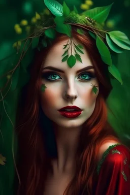 beautiful woman-witch who deals nature power and creAt love, brown hair, bright green eyes, lips full and red, diamond face, clothes made of plants