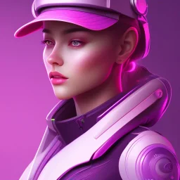 Cute girl face in hat, Sci-fi character, purple backlight, pink and purple, scifi suit, profile, purple background, pink lighting