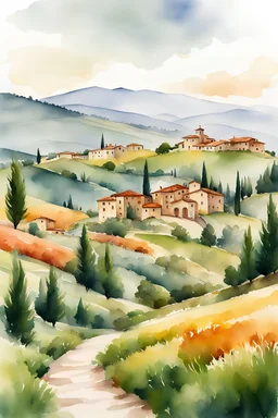 watercolor ,landscape, many colors, detailed, colorize, white background a hills, Tuscan villa on rolling hills, surrounded by green cypress trees and blooming fields. Infuse the scene with sunlight, conveying a cozy and tranquil atmosphere. a white background 9:11