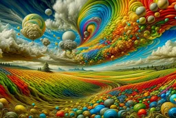 collaboration between Salvador Dali, Vincent Van Gogh, and Jean Baptiste Monge. Swirling rainbow storm clouds over a vast field of long grass and plentiful flowers swaying in the winds. Modifiers: fantasy many rainbow bubbles photorealistic beautiful colourful cinematic postprocessing Van Gogh acrylic art pencil sketch quilling salvator dali Craig Rutkowski
