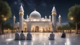 Hyper Realistic People-Praying outside Beautiful-Decorated-Huge-Grey-Brick-Mosque with white-marble-flooring & Beautiful-Lighting-Decorations at night with stars on sky & beautiful trees