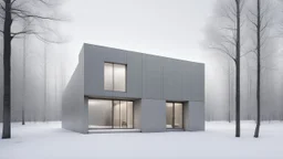 Modern and minimalist house in a winter environment is light gray, with vertical siding that gives it a subtle texture. There are small rectangular windows and a visible door, all emitting warm light from the inside. The house is situated in a snowy landscape, with several bare trees scattered around, suggesting that it is winter or a cold region.