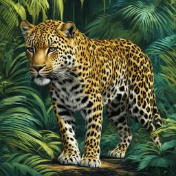 Imágen de arte lineal de leopardo en la selva, calidad ultra, hiperdetallado, 8k, colores complementarios