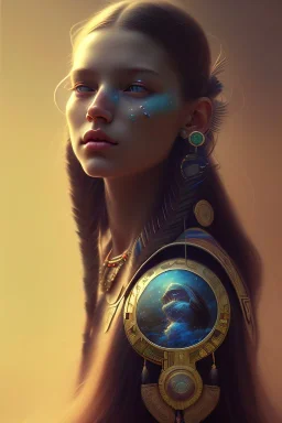 girl, cute, beautiful, Native American, head and shoulders portrait, 8k resolution concept art portrait by Greg Rutkowski, Artgerm, WLOP, Alphonse Mucha dynamic lighting hyperdetailed intricately detailed Splash art trending on Artstation triadic colors Unreal Engine 5 volumetric lighting, long hair, brown eyes, black hair, clean face