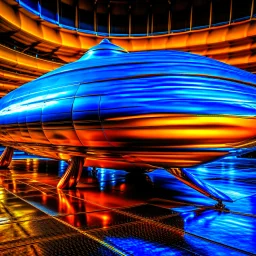 award winning car and driver photograph of a futuristic UFO station wagon designed by an unknown alien civilization, only one vehicle per image painted metallic orange traveling at a high rate of speed,the rear with bright blue flame, bilaterally symetrical