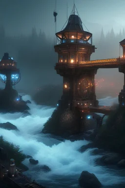 secure outpost perched on a cliff, overlooking a steel bridge, by dangerous river rapids, post-apocalyptic, night, stars, mist, 3D Game Cinematic Feel, Epic 3D Videogame Graphics, Intricately Detailed, 8K Resolution