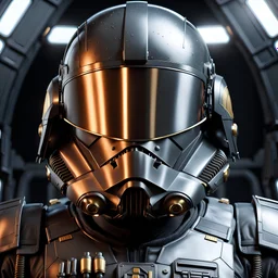 star wars bald male corellian pilot wearing dark gunmetal grey and black First Order special forces TIE pilot armored flightsuit and helmet with gold trim inside the jedi temple, centered head and shoulders portrait, hyperdetailed, dynamic lighting, hyperdetailed background, 8k resolution, volumetric lighting, light skin, fully symmetric details