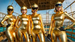 Hyperrealistisch Rollergirls völlig verhüllt von golden glänzendem Ganzkörper-Zentai mit geschlossenem Visier in goldfarbenem, geschlossenem Helm fahren auf Rollschuhbahn